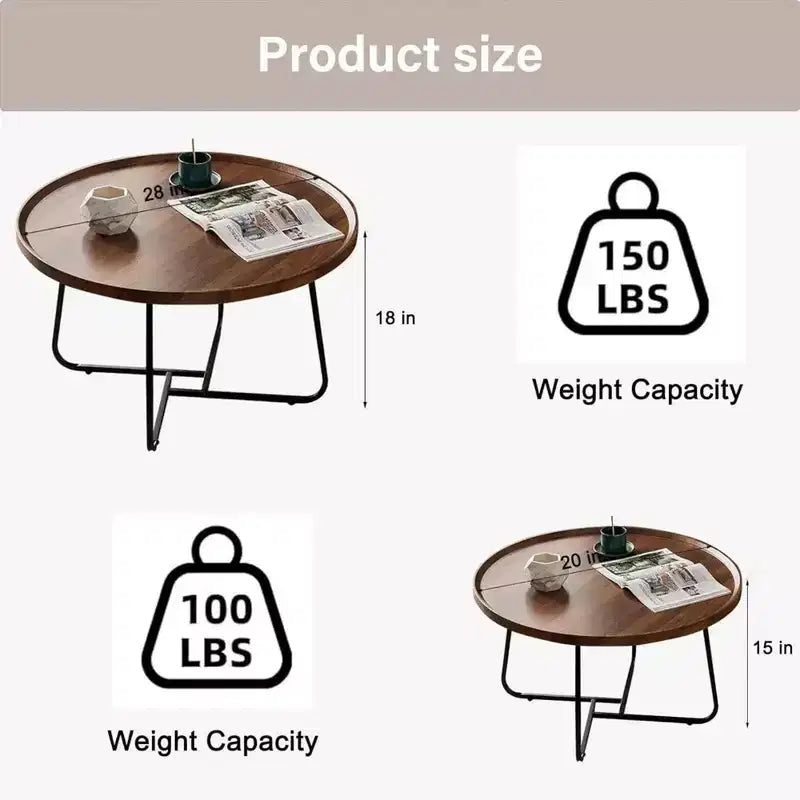 Tavolino da Caffè Moderno, Tavolino Rotondo Piccolo con Base in Ferro Geometrica e Top in MDF Noce, Tavolino Compatto per Salotto, Ufficio, Dormitorio