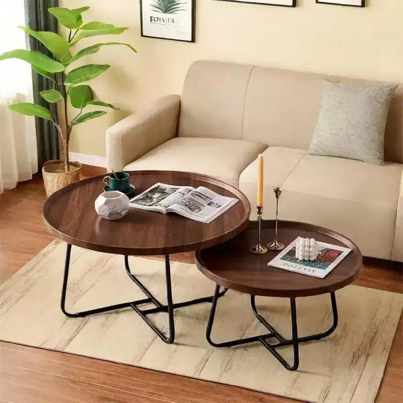 Tavolino da Caffè Moderno, Tavolino Rotondo Piccolo con Base in Ferro Geometrica e Top in MDF Noce, Tavolino Compatto per Salotto, Ufficio, Dormitorio