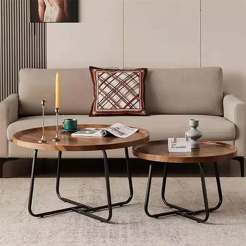 Tavolino da Caffè Moderno, Tavolino Rotondo Piccolo con Base in Ferro Geometrica e Top in MDF Noce, Tavolino Compatto per Salotto, Ufficio, Dormitorio