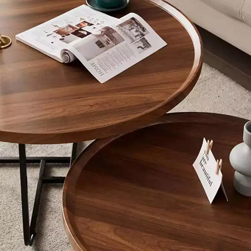 Tavolino da Caffè Moderno, Tavolino Rotondo Piccolo con Base in Ferro Geometrica e Top in MDF Noce, Tavolino Compatto per Salotto, Ufficio, Dormitorio