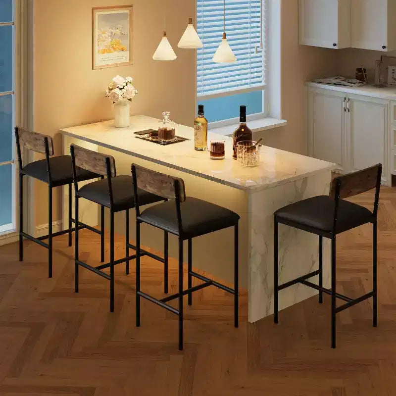 Lot de 6 tabourets de bar COZONY, chaises rembourrées hauteur comptoir de 65 cm avec dossier et repose-pieds, marron rustique