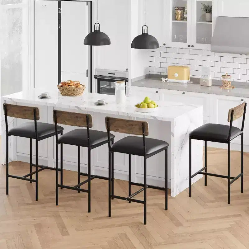Lot de 6 tabourets de bar COZONY, chaises rembourrées hauteur comptoir de 65 cm avec dossier et repose-pieds, marron rustique