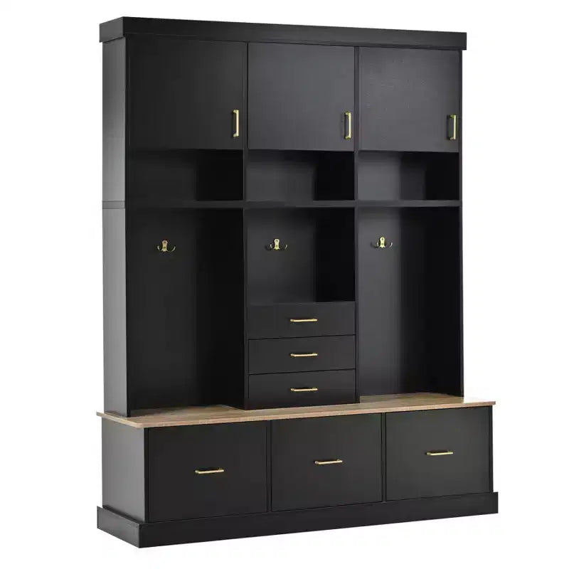 75H Attaccapanni da Ingresso con Panchina Contenitore, Appendiabiti Autoportante con 6 Cassetti e 3 Armadietti, Panchina da Ingresso in Legno per Soggiorno, Mudroom