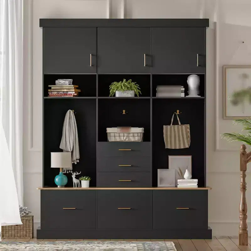 75H Entryway Hall Tree With Storage Bench, Freestanding Coat Rack with 6 Drawers & 3 Cabinets, Wooden Entryway Bench for Living Room Mudroom