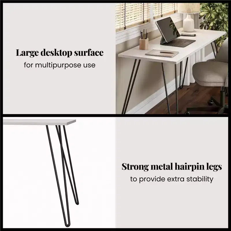 Scrivania TUYOHW, tavolo da studio moderno con piano in legno ingegnerizzato resistente, gambe a forcina in metallo, workstation compatta per piccoli spazi