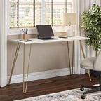 Scrivania TUYOHW, tavolo da studio moderno con piano in legno ingegnerizzato resistente, gambe a forcina in metallo, workstation compatta per piccoli spazi