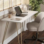Scrivania TUYOHW, tavolo da studio moderno con piano in legno ingegnerizzato resistente, gambe a forcina in metallo, workstation compatta per piccoli spazi