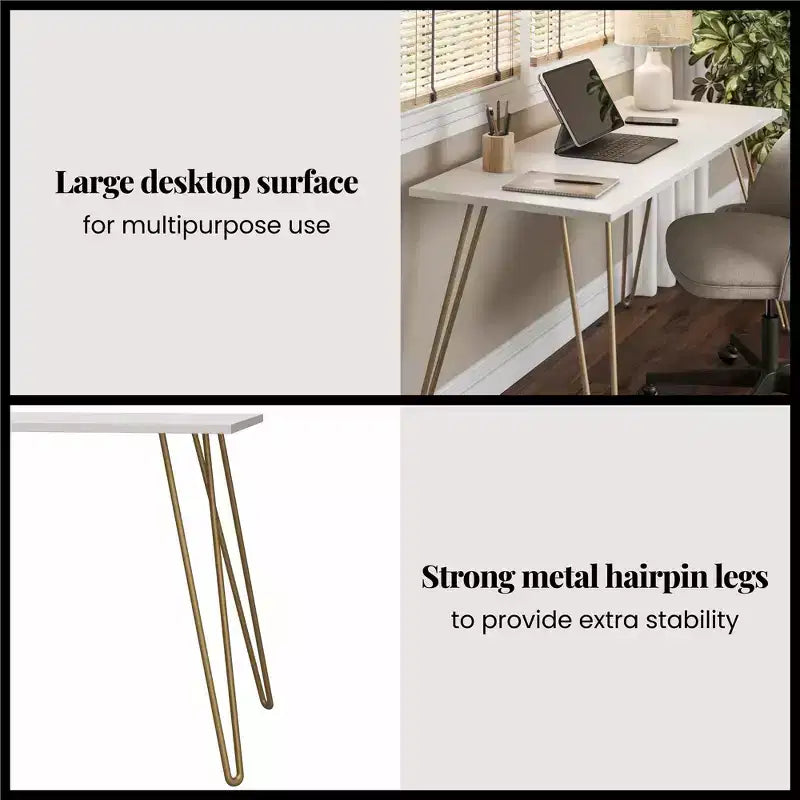Scrivania TUYOHW, tavolo da studio moderno con piano in legno ingegnerizzato resistente, gambe a forcina in metallo, workstation compatta per piccoli spazi