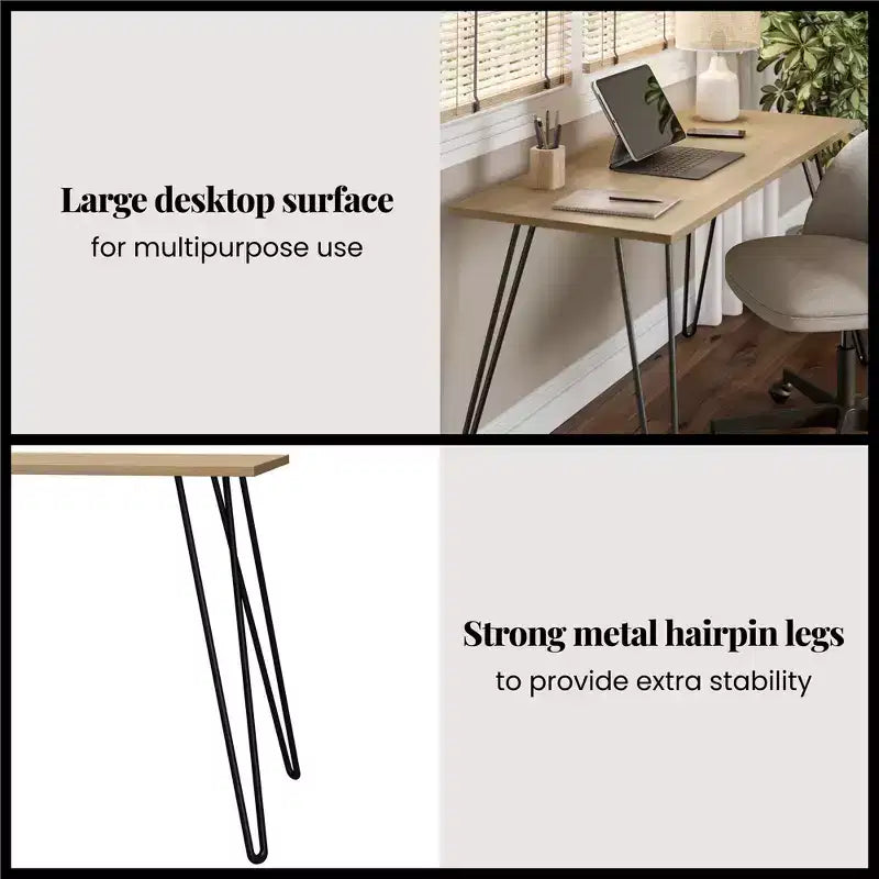 Scrivania TUYOHW, tavolo da studio moderno con piano in legno ingegnerizzato resistente, gambe a forcina in metallo, workstation compatta per piccoli spazi