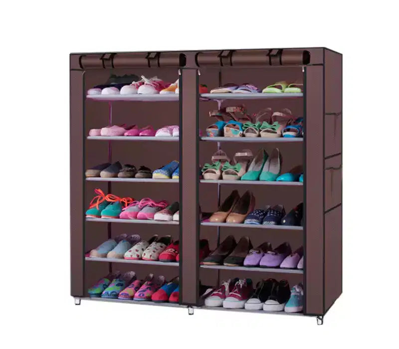 Étagère à chaussures 6 rangées 2 lignes 12 compartiments en tissu non tissé café