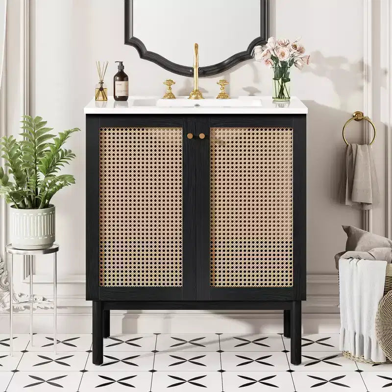 Bathroom Vanity 30-Inch with Rattan Door, Soft-Close Mechanism, Suitable for Bathroom Use