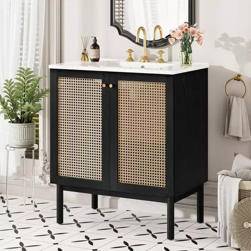 Mobile bagno 30 pollici con anta in rattan, chiusura ammortizzata, adatto all'uso in bagno