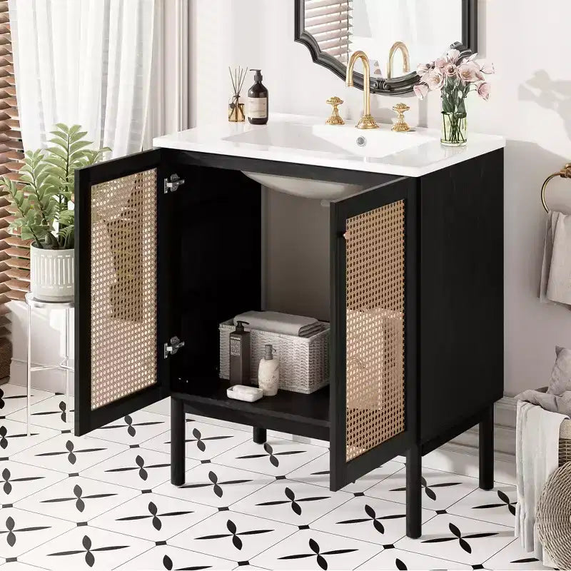 Mobile bagno 30 pollici con anta in rattan, chiusura ammortizzata, adatto all'uso in bagno