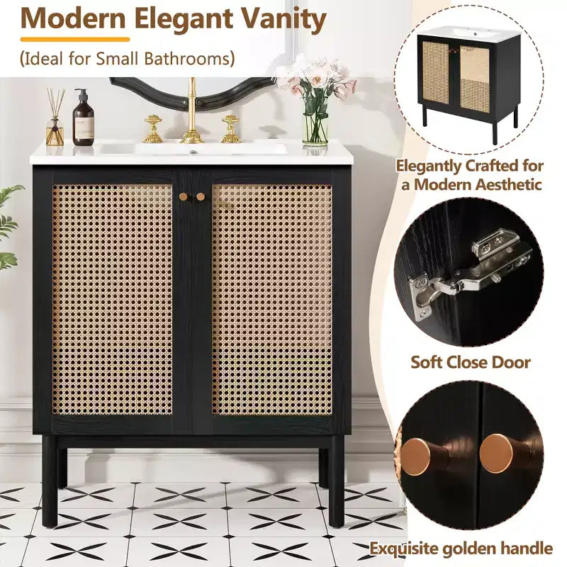 Mobile bagno 30 pollici con anta in rattan, chiusura ammortizzata, adatto all'uso in bagno