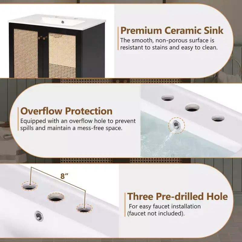 Mobile bagno 30 pollici con anta in rattan, chiusura ammortizzata, adatto all'uso in bagno