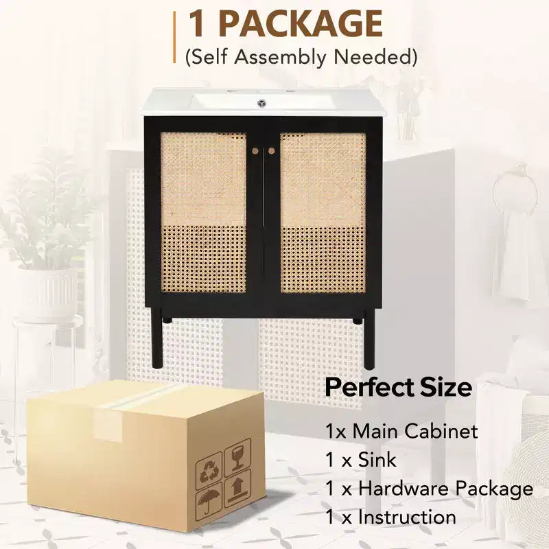 Mobile bagno 30 pollici con anta in rattan, chiusura ammortizzata, adatto all'uso in bagno