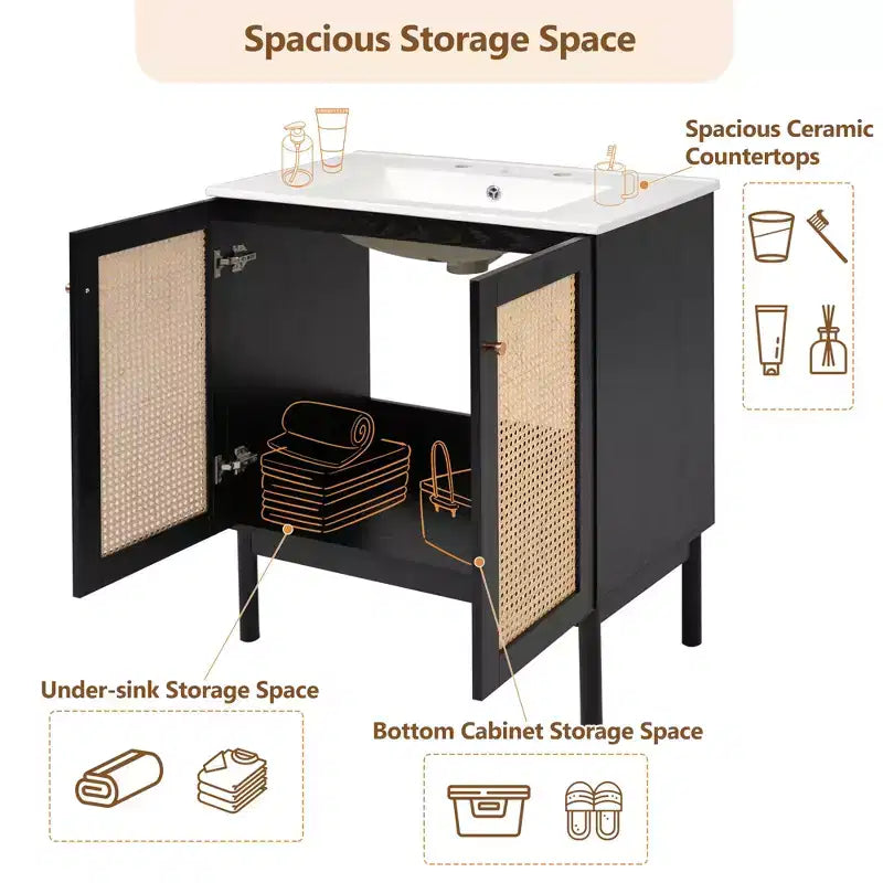 Mobile bagno 30 pollici con anta in rattan, chiusura ammortizzata, adatto all'uso in bagno