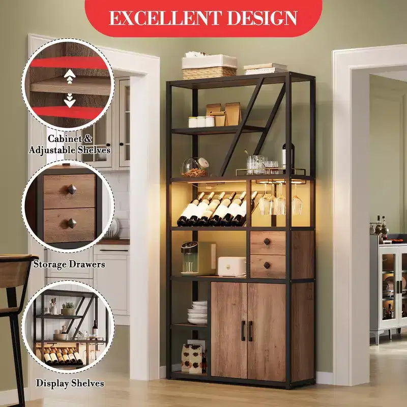 Mobile Bar Multifunzione con Porta Bicchieri, Scaffale Alto e Supporto per Microonde da Cucina per Soggiorno, Sala da Pranzo o Cucina