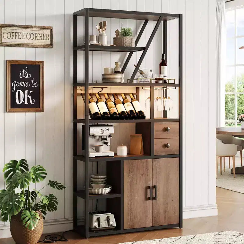 Mobile Bar Multifunzione con Porta Bicchieri, Scaffale Alto e Supporto per Microonde da Cucina per Soggiorno, Sala da Pranzo o Cucina