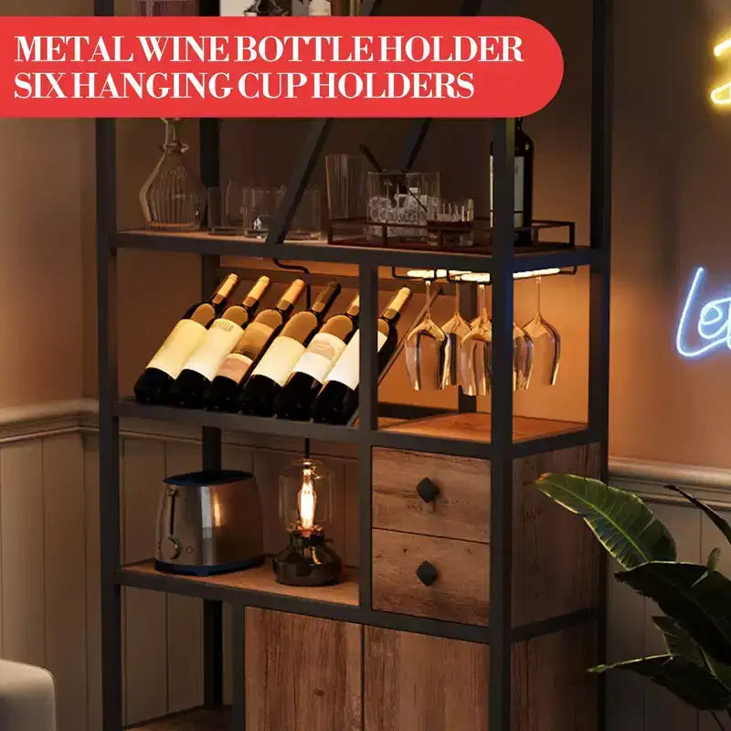 Mobile Bar Multifunzione con Porta Bicchieri, Scaffale Alto e Supporto per Microonde da Cucina per Soggiorno, Sala da Pranzo o Cucina