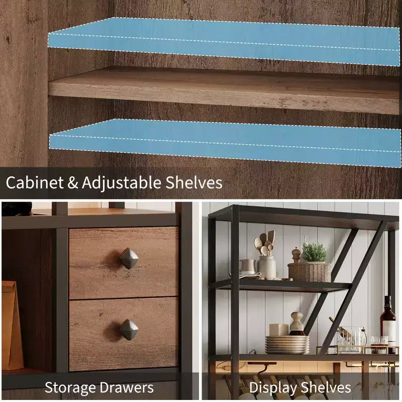 Mobile Bar Multifunzione con Porta Bicchieri, Scaffale Alto e Supporto per Microonde da Cucina per Soggiorno, Sala da Pranzo o Cucina