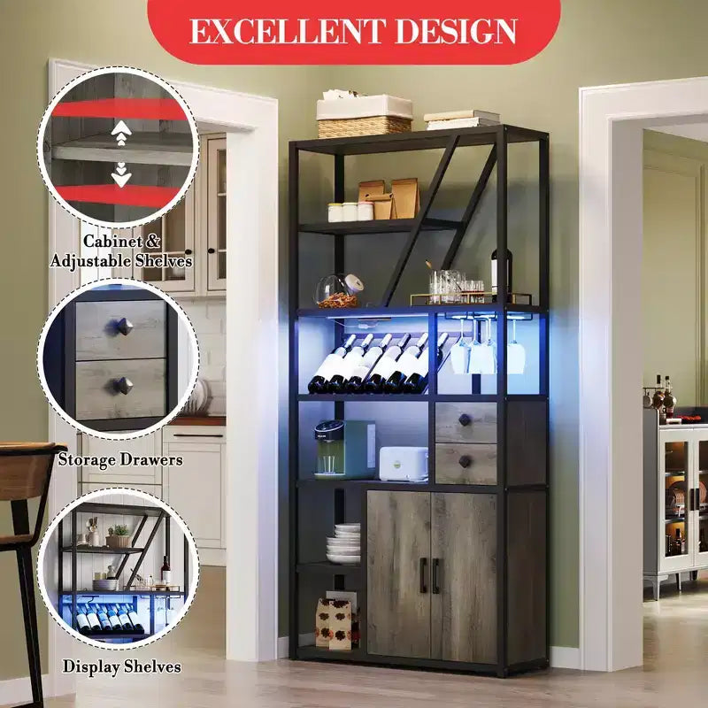 Mobile Bar Multifunzione con Porta Bicchieri, Scaffale Alto e Supporto per Microonde da Cucina per Soggiorno, Sala da Pranzo o Cucina