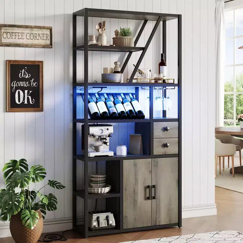Mobile Bar Multifunzione con Porta Bicchieri, Scaffale Alto e Supporto per Microonde da Cucina per Soggiorno, Sala da Pranzo o Cucina