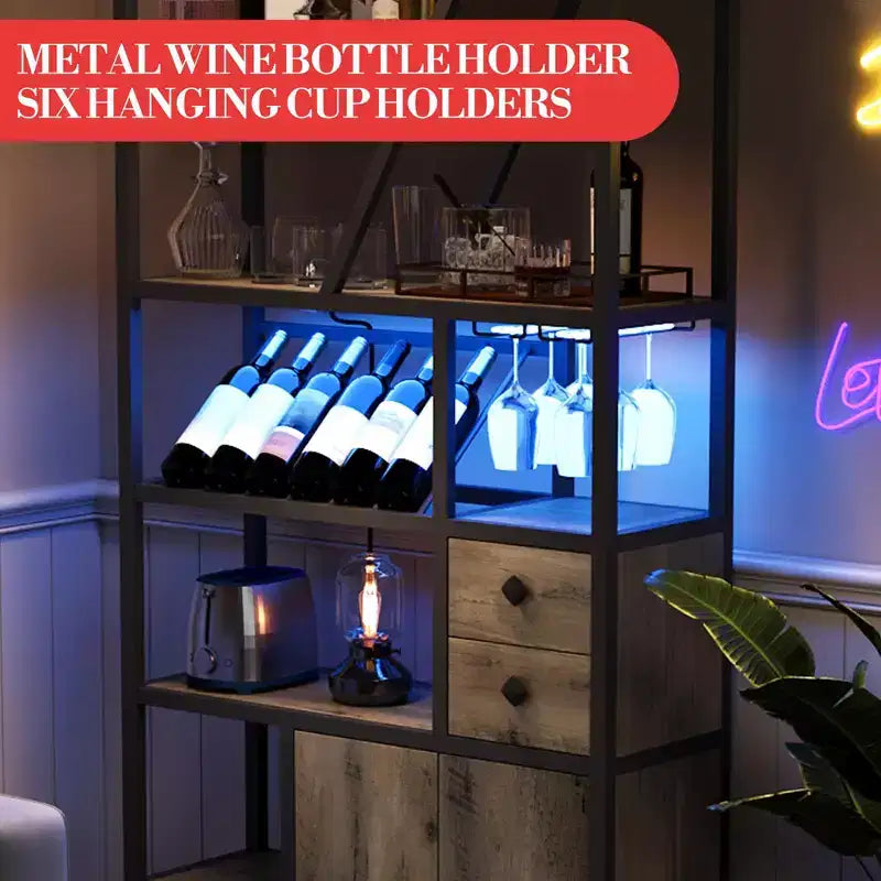 Mobile Bar Multifunzione con Porta Bicchieri, Scaffale Alto e Supporto per Microonde da Cucina per Soggiorno, Sala da Pranzo o Cucina