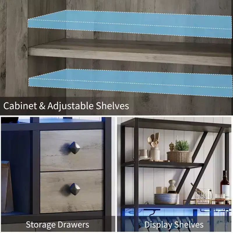 Mobile Bar Multifunzione con Porta Bicchieri, Scaffale Alto e Supporto per Microonde da Cucina per Soggiorno, Sala da Pranzo o Cucina
