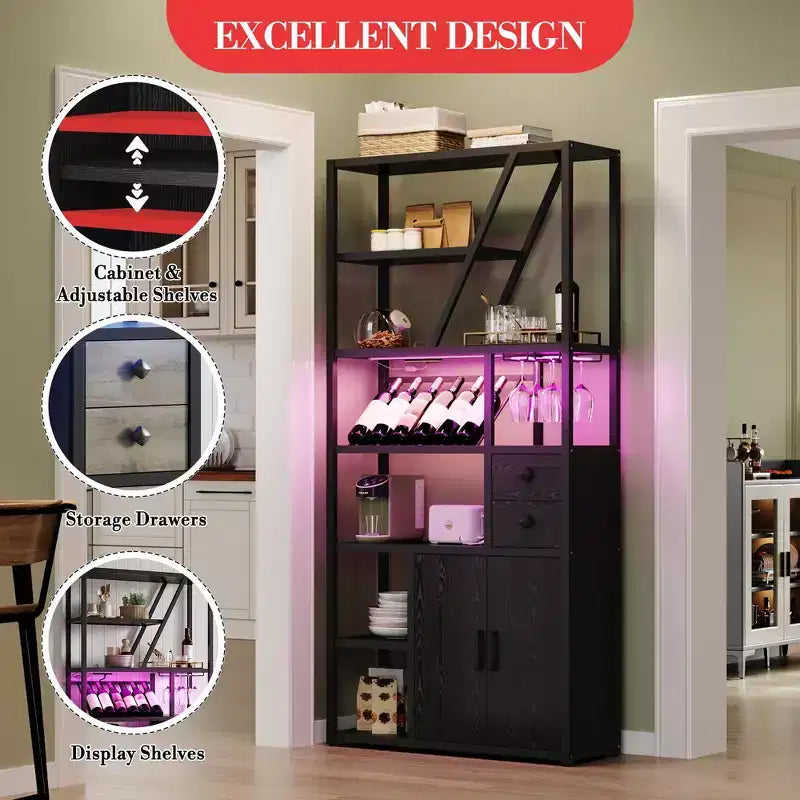 Mobile Bar Multifunzione con Porta Bicchieri, Scaffale Alto e Supporto per Microonde da Cucina per Soggiorno, Sala da Pranzo o Cucina
