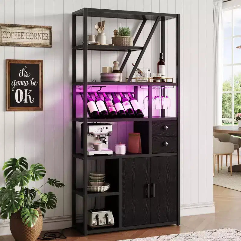 Mobile Bar Multifunzione con Porta Bicchieri, Scaffale Alto e Supporto per Microonde da Cucina per Soggiorno, Sala da Pranzo o Cucina