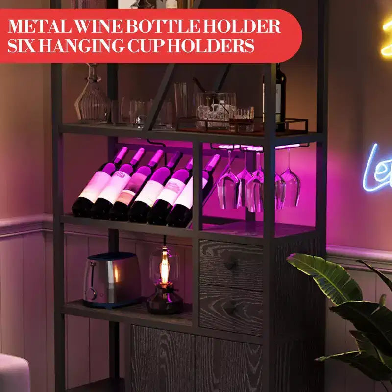 Mobile Bar Multifunzione con Porta Bicchieri, Scaffale Alto e Supporto per Microonde da Cucina per Soggiorno, Sala da Pranzo o Cucina