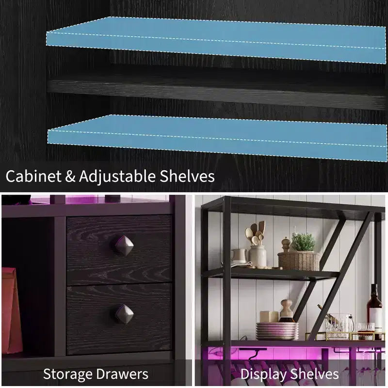 Mobile Bar Multifunzione con Porta Bicchieri, Scaffale Alto e Supporto per Microonde da Cucina per Soggiorno, Sala da Pranzo o Cucina