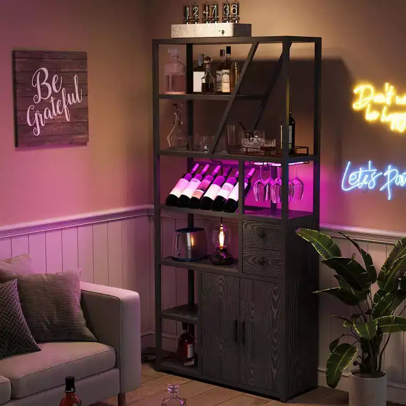 Multi-Use Bar Cabinet with Glass Holder, Tall Storage Rack and Kitchen Microwave Stand for Living Room, Dining Room or Kitchen Use