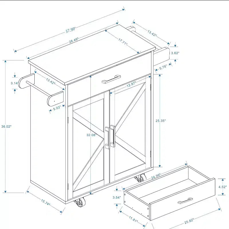 Chariot de cuisine roulant sumyeg avec étagères réglables, porte-serviettes et plateau en bois pour le rangement