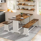 Lantine 47-Inch Small Dining Table Set for 2, 3-Piece Kitchen Table with Benches for Narrow Space, Apartment, White & Rustic Brown
