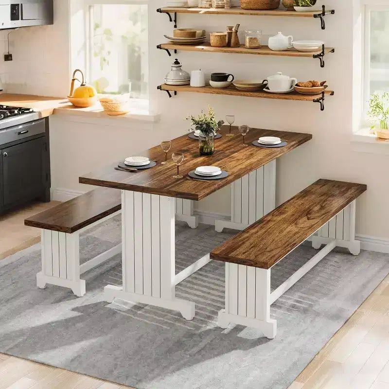 Lantine 47-Inch Small Dining Table Set for 2, 3-Piece Kitchen Table with Benches for Narrow Space, Apartment, White & Rustic Brown