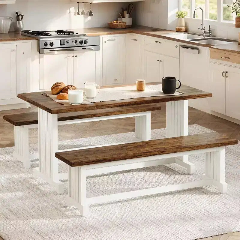 Lantine Ensemble Table à Manger 2 Personnes 119 cm, Table de Cuisine 3 Pièces avec Bancs pour Petits Espaces, Appartement, Blanc et Marron Rustique