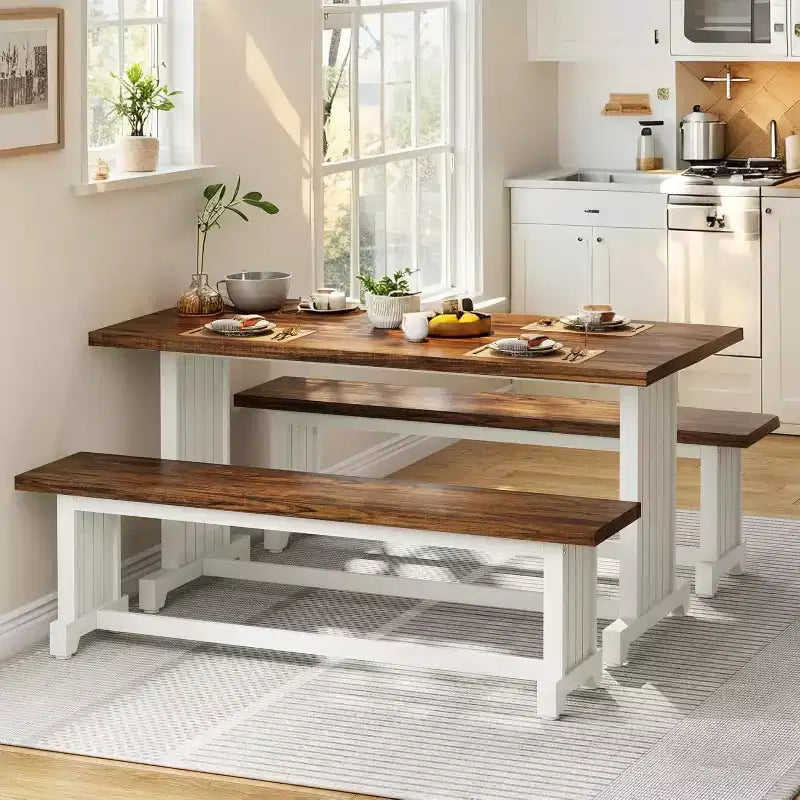 Lantine Ensemble Table à Manger 2 Personnes 119 cm, Table de Cuisine 3 Pièces avec Bancs pour Petits Espaces, Appartement, Blanc et Marron Rustique