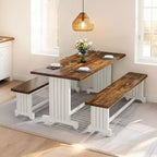 Lantine Set Tavolo da Pranzo Piccolo da 120 cm per 2 Persone, Tavolo da Cucina a 3 Pezzi con Panche per Spazi Stretti, Appartamento, Bianco e Marrone Rustico