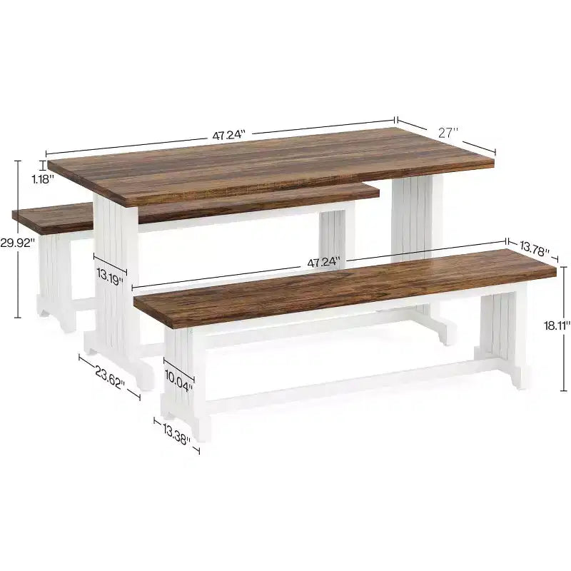 Lantine Set Tavolo da Pranzo Piccolo da 120 cm per 2 Persone, Tavolo da Cucina a 3 Pezzi con Panche per Spazi Stretti, Appartamento, Bianco e Marrone Rustico