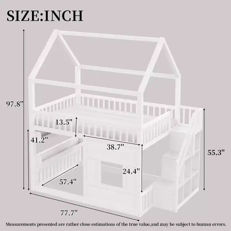 Whisen Letto a Capanna in Legno Full Size con Ripiano Incorporato, Costruzione Robusta, Spondine di Sicurezza