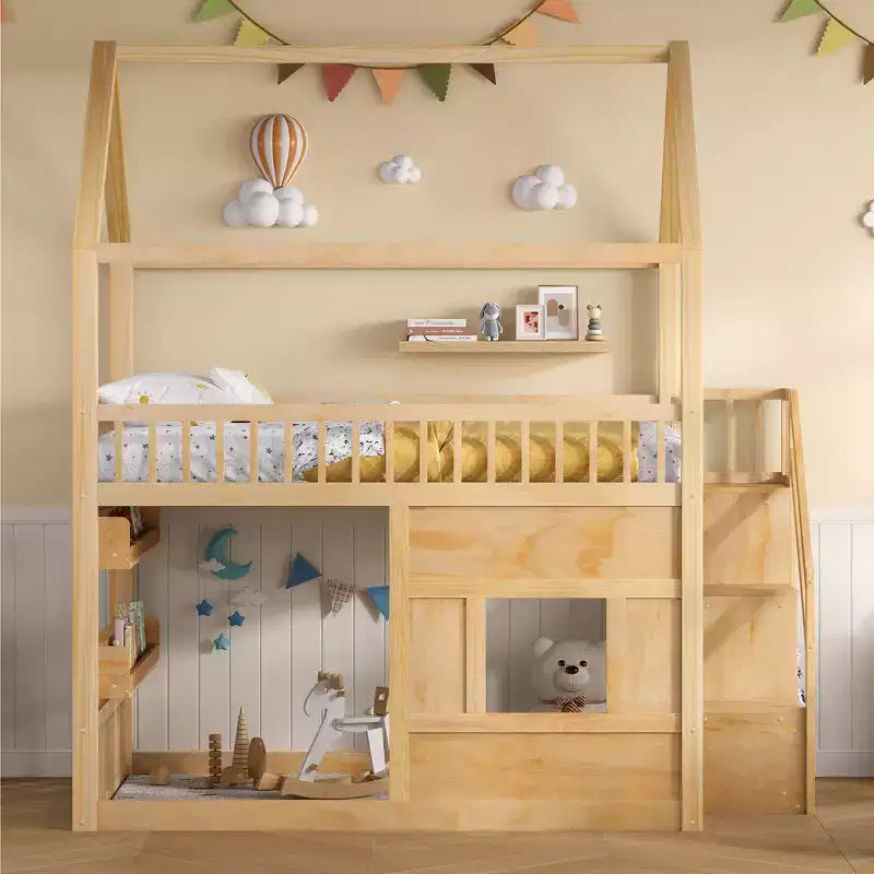 Whisen Letto a Capanna in Legno Full Size con Ripiano Incorporato, Costruzione Robusta, Spondine di Sicurezza