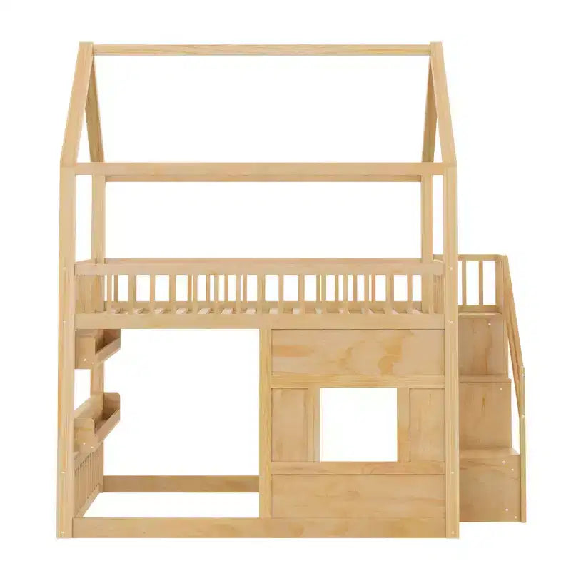 Whisen Letto a Capanna in Legno Full Size con Ripiano Incorporato, Costruzione Robusta, Spondine di Sicurezza