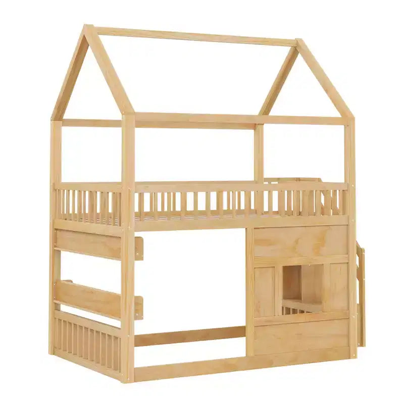 Whisen Letto a Capanna in Legno Full Size con Ripiano Incorporato, Costruzione Robusta, Spondine di Sicurezza