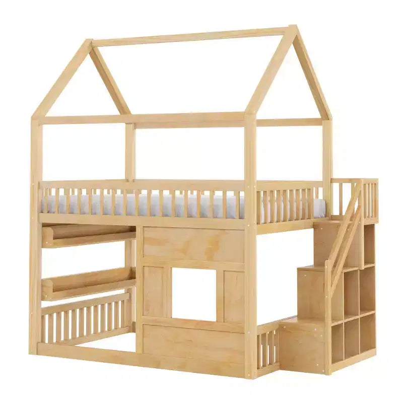 Whisen Letto a Capanna in Legno Full Size con Ripiano Incorporato, Costruzione Robusta, Spondine di Sicurezza