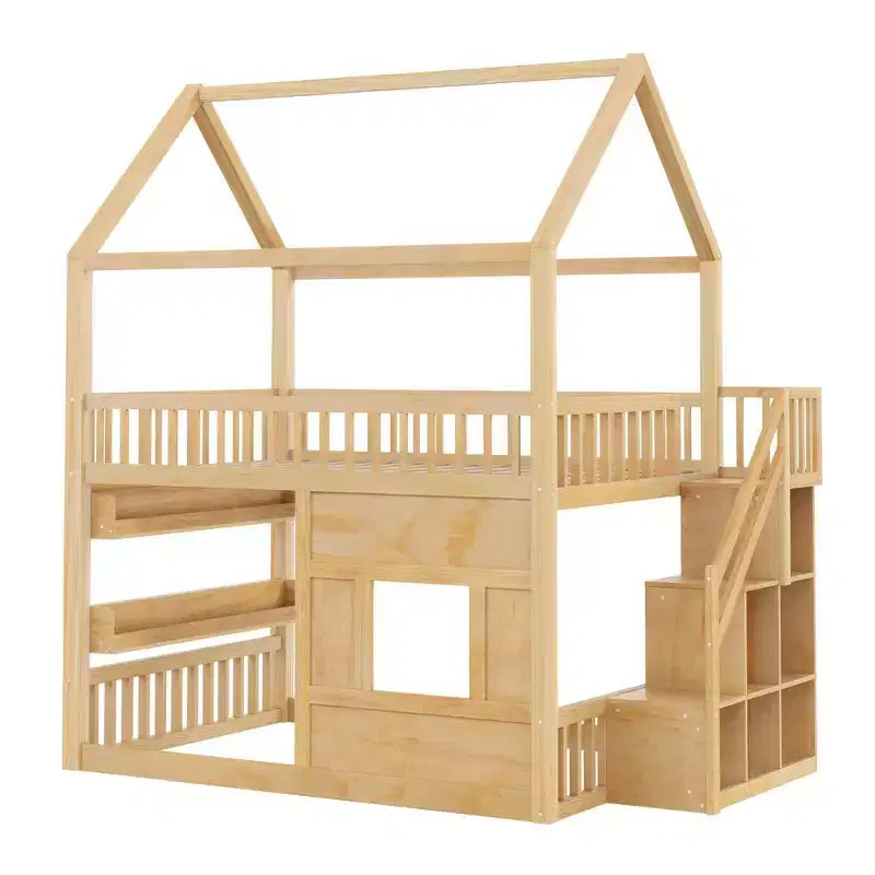 Whisen Letto a Capanna in Legno Full Size con Ripiano Incorporato, Costruzione Robusta, Spondine di Sicurezza