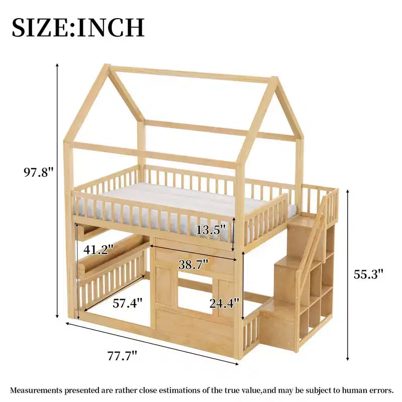 Whisen Letto a Capanna in Legno Full Size con Ripiano Incorporato, Costruzione Robusta, Spondine di Sicurezza
