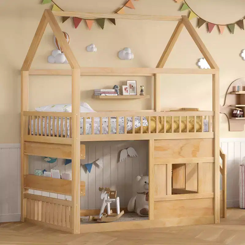 Whisen Full size Wooden House Bed with Built-in Shelf, Sturdy Construction, Safe Guardrails