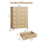 Cassettiera alta a 5 cassetti, Cassettiera in rattan, Cassettiera a 5 cassetti con armadio per vestiti, Organizer per cassetti per camera da letto, soggiorno, corridoio, rovere